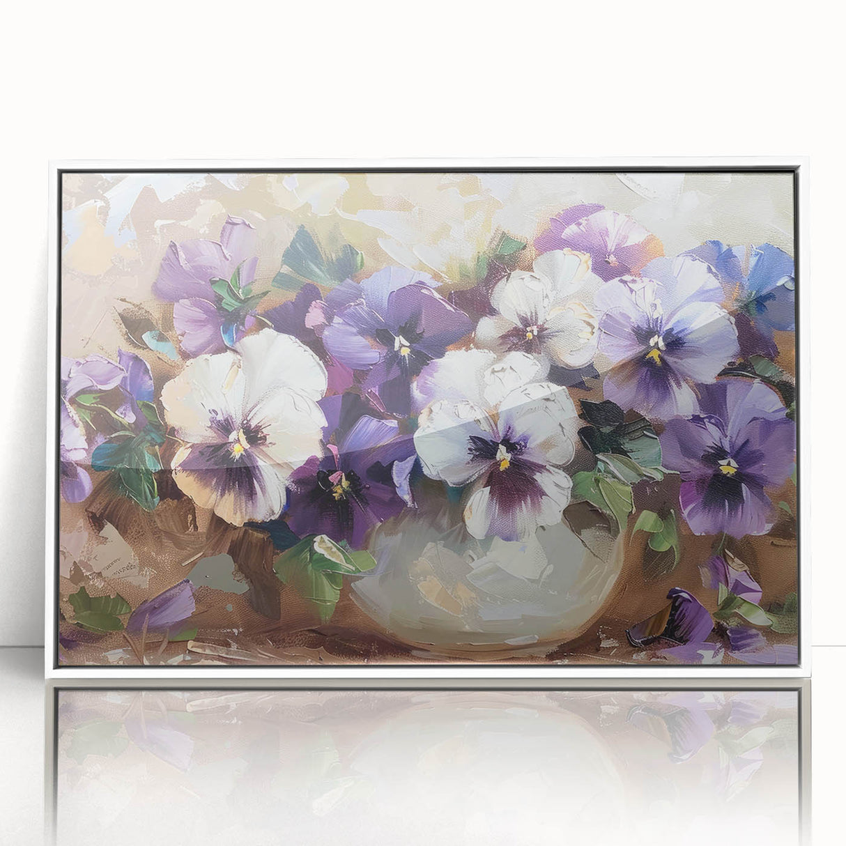 Framed wall art featuring a botanical design of vibrant pansies in a white frame, showcasing intricate flower details and bright colors, perfect for home decor.
