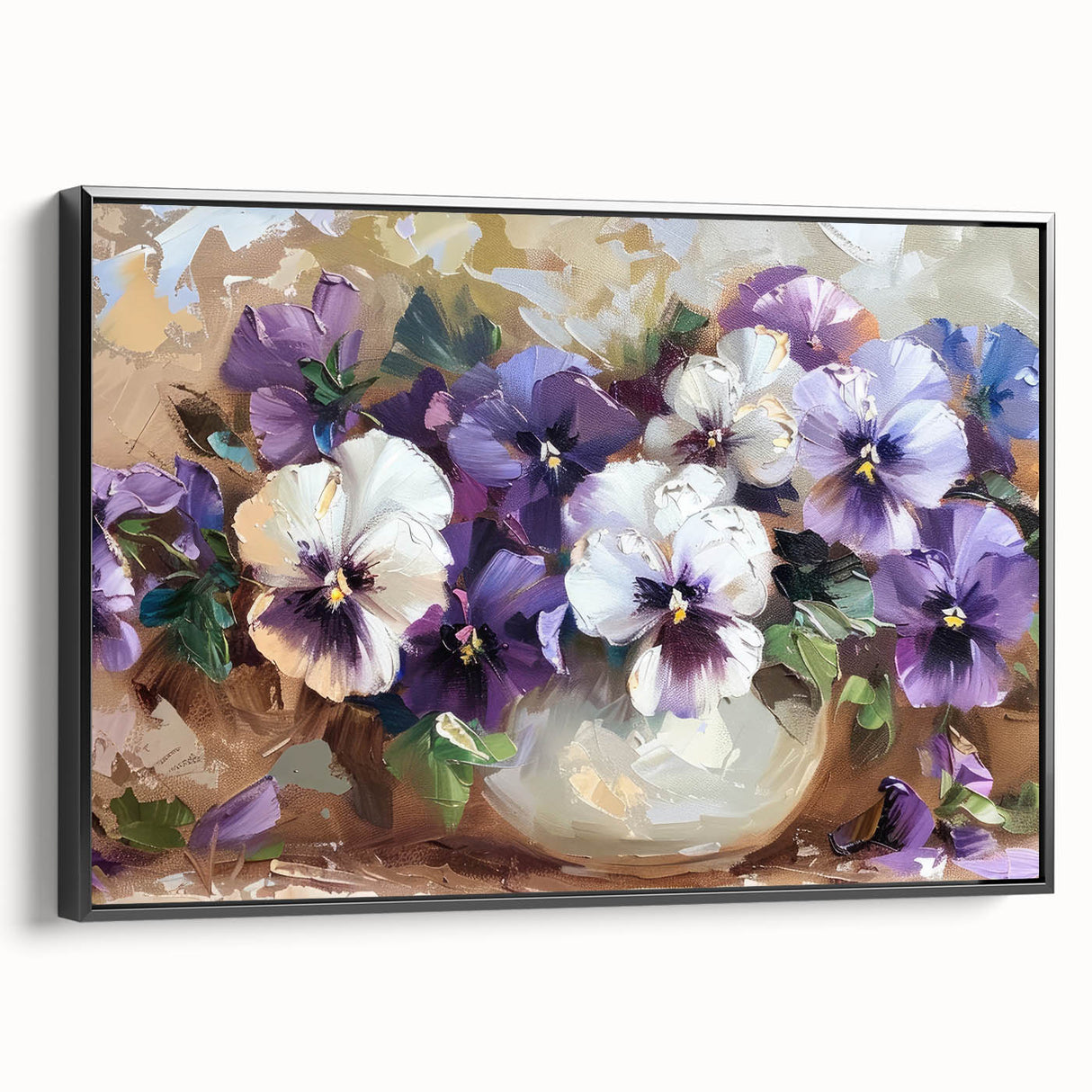 Framed canvas wall art featuring a botanical pansy design in vibrant colors, presented in a sleek black frame, showcasing a side view for detailed texture and elegance.