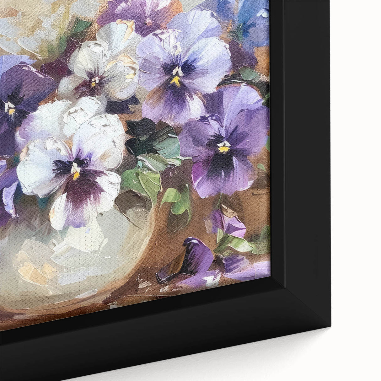 Close-up of a framed botanical wall art piece showcasing vibrant pansy flowers in a rich color palette, perfect for home decor enthusiasts seeking floral elegance.