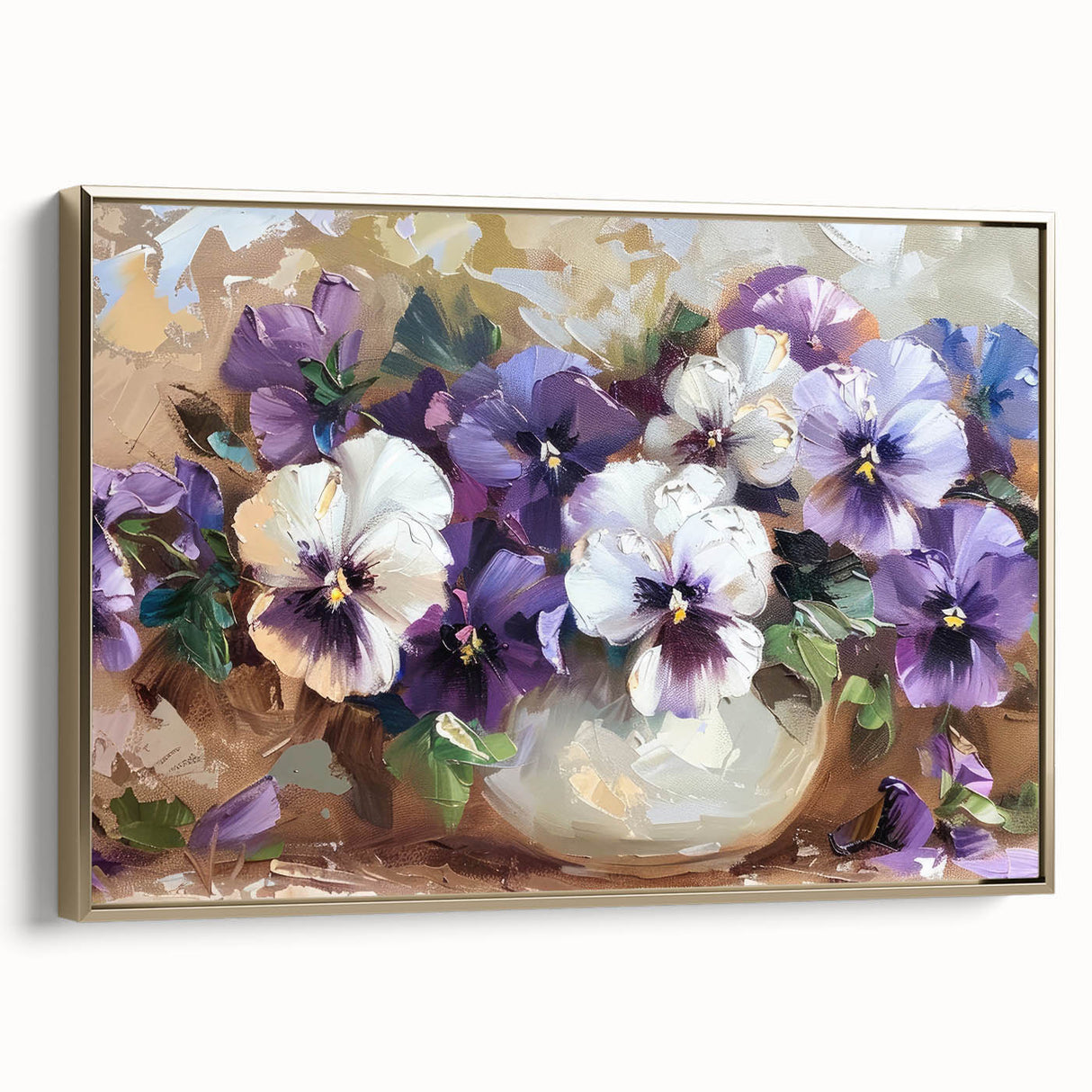 Framed botanical wall art featuring a vibrant pansy design with intricate details, set against a luxurious gold frame, ideal for home decor.