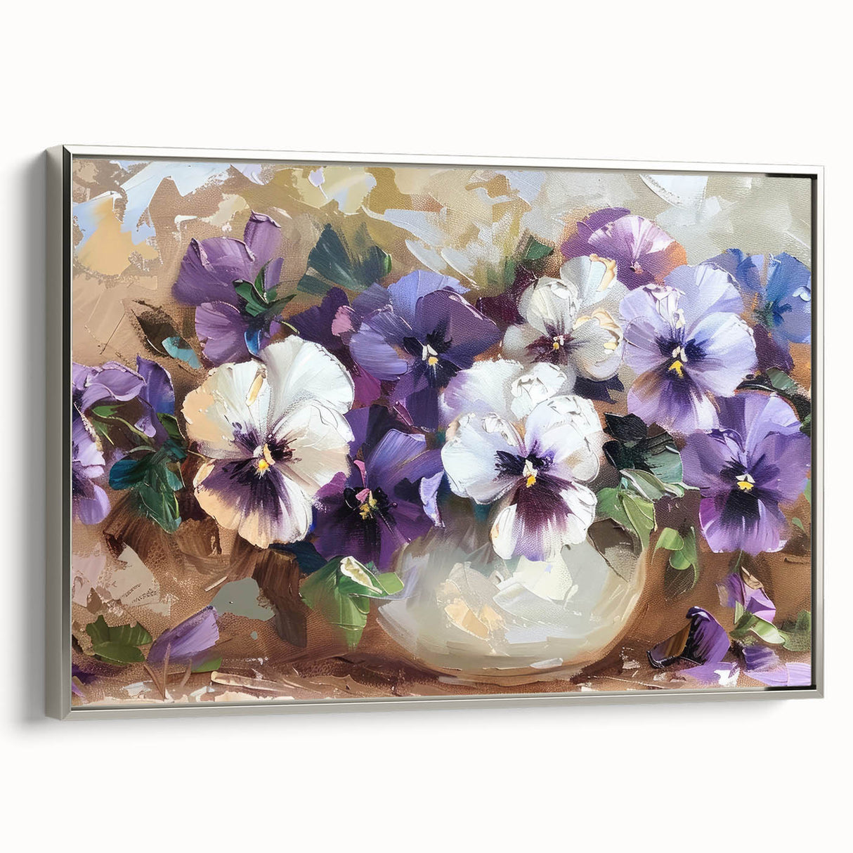 Framed botanical wall art featuring a vibrant pansy design with rich colors and silver accents, showcased in a stylish side view for elegant home decor.