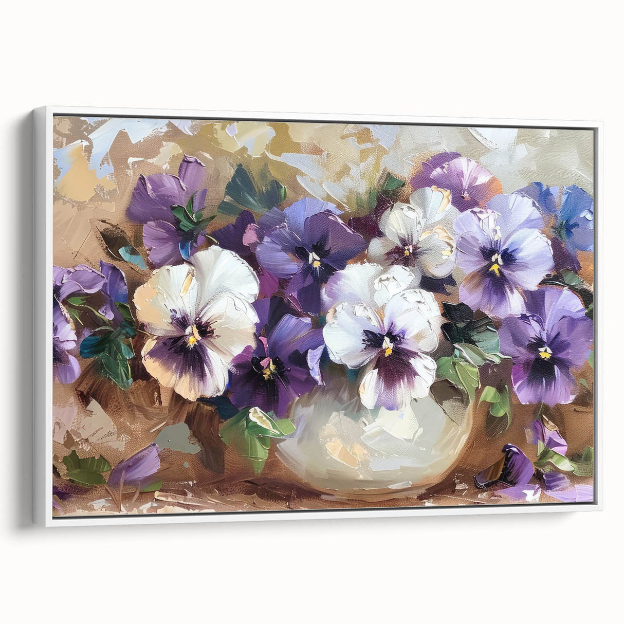 Framed canvas wall art featuring a botanical pansy design in vibrant colors, displayed against a white background, perfect for home decor enhancement.