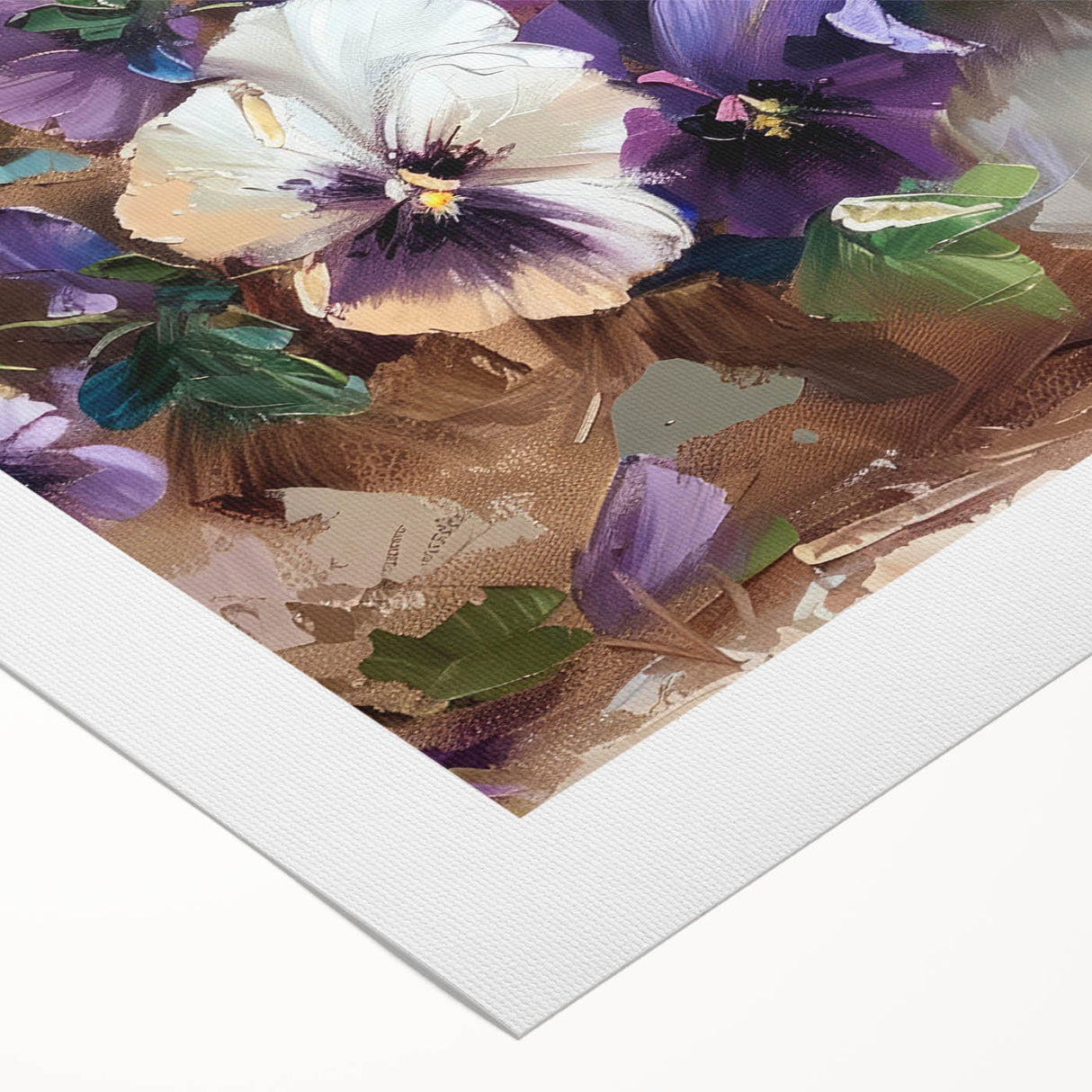 Vibrant botanical wall art featuring a detailed pansy design on rolled canvas, showcasing rich colors and intricate floral patterns, perfect for home decor.