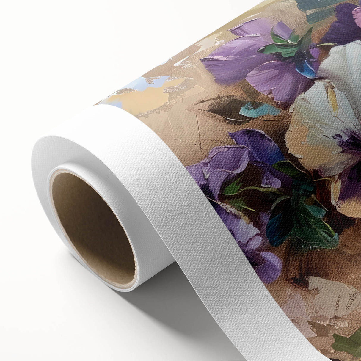 Colorful botanical wall art featuring a vibrant pansy design on rolled canvas, ideal for home decor, showcasing intricate details and rich hues.