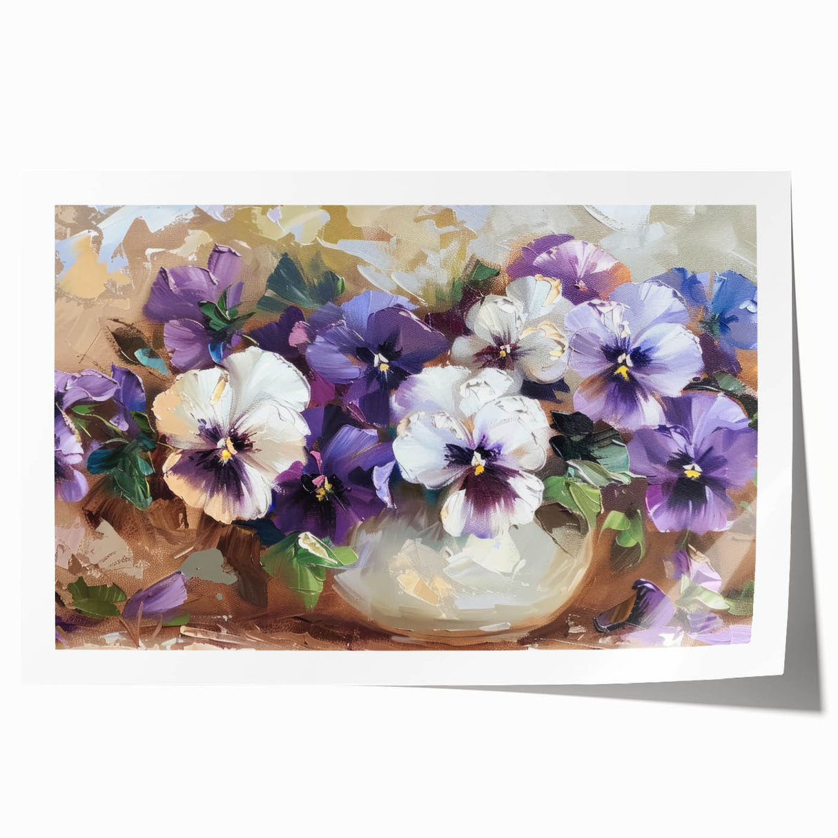 Botanical wall art print showcasing vibrant pansy flowers in varying hues of purple, yellow, and green, rolled for easy framing and display. Perfect for floral decor enthusiasts.