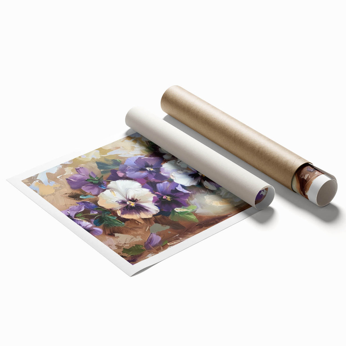 Vibrant botanical wall art featuring a detailed pansy design in rich purples and yellows, perfect for home decor, displayed as a rolled print for easy framing.