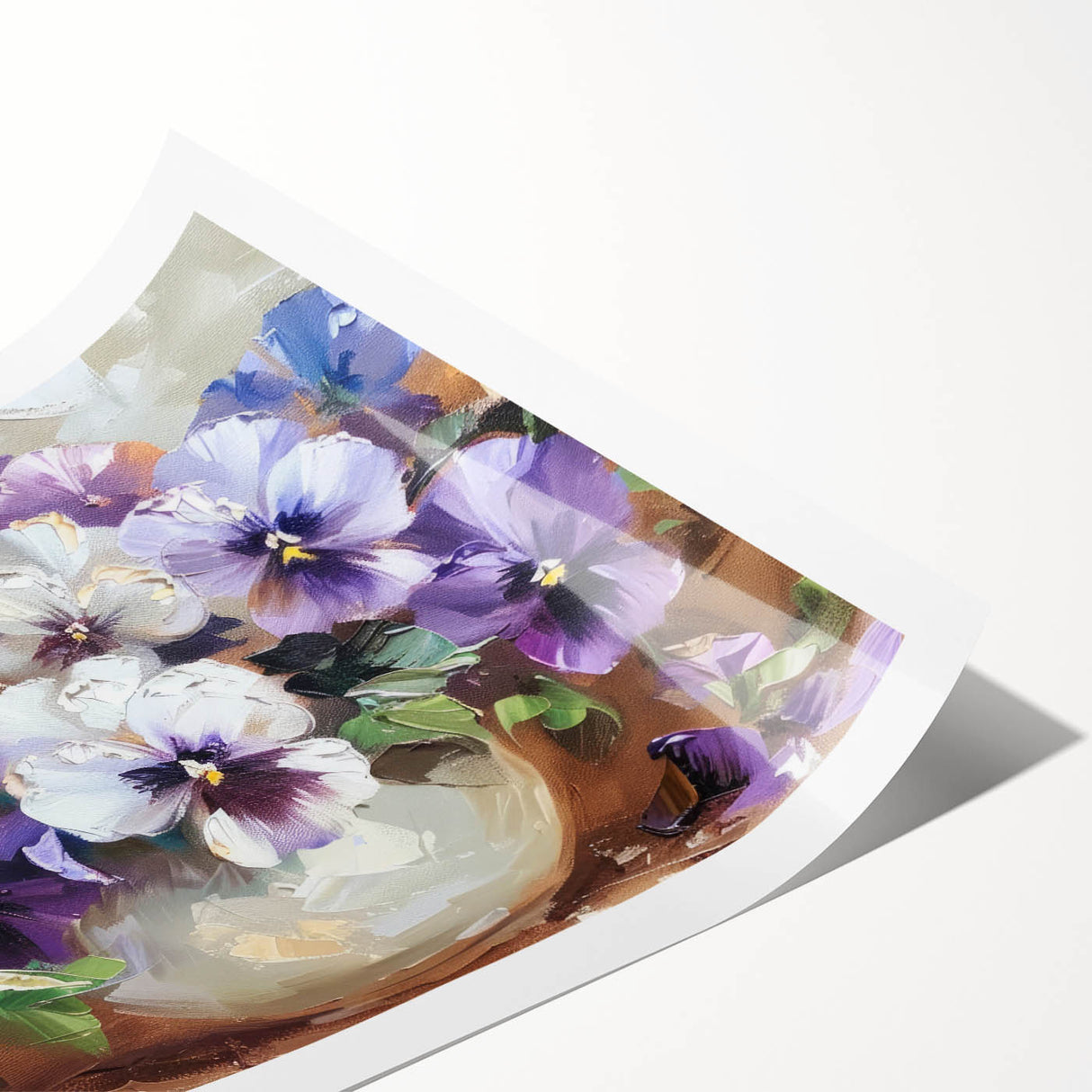 Vibrant botanical wall art print featuring a detailed pansy design in rich colors, rolled and ready for display, ideal for home decor enthusiasts.