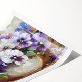 Vibrant botanical wall art print featuring a detailed pansy design in rich colors, rolled and ready for display, ideal for home decor enthusiasts.