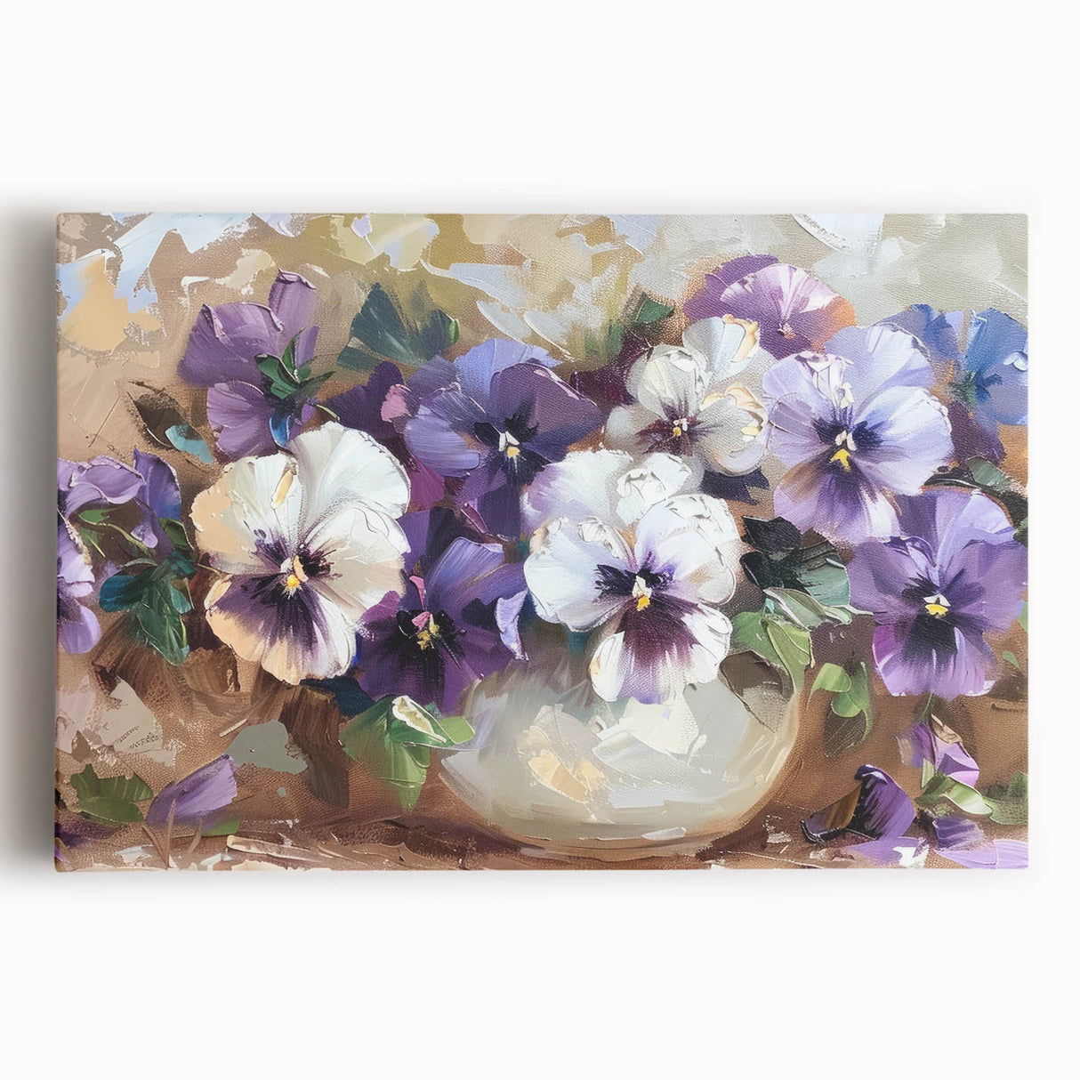 Stretched canvas wall art featuring a vibrant botanical design of pansies in various colors, perfect for adding a floral touch to home decor.