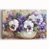 Stretched canvas wall art featuring a vibrant botanical design of pansies in various colors, perfect for adding a floral touch to home decor.