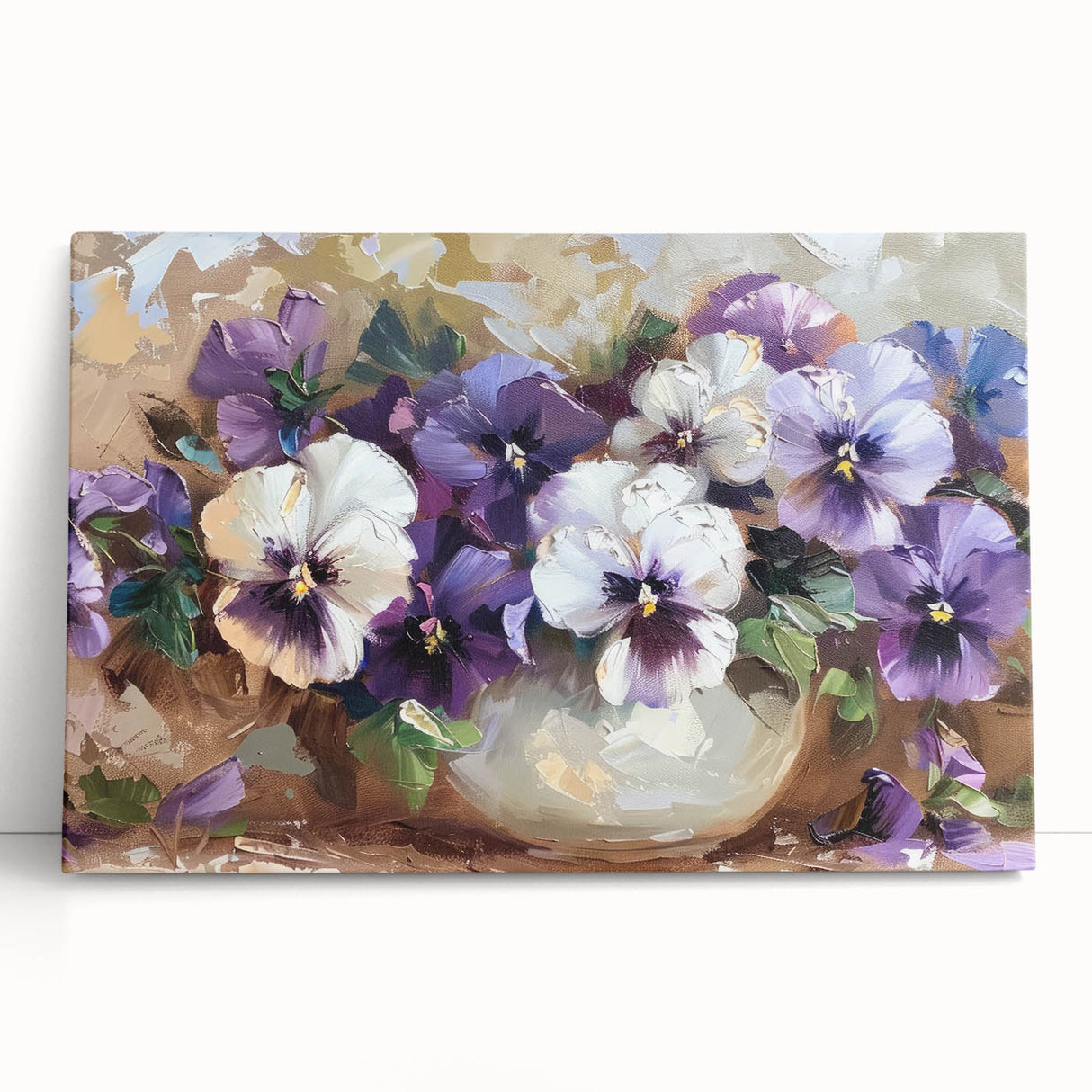 Vibrant botanical wall art featuring a colorful pansy design on stretched canvas, leaning against a neutral wall, perfect for home decor enhancement.