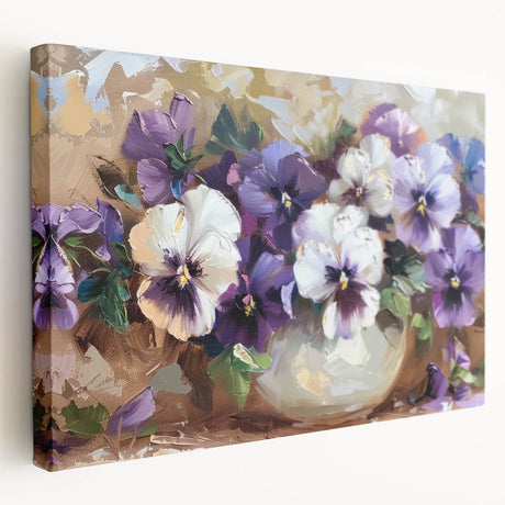 Vibrant, stretched canvas wall art featuring a botanical pansy design with rich colors and intricate floral details, ideal for home decor and art enthusiasts.