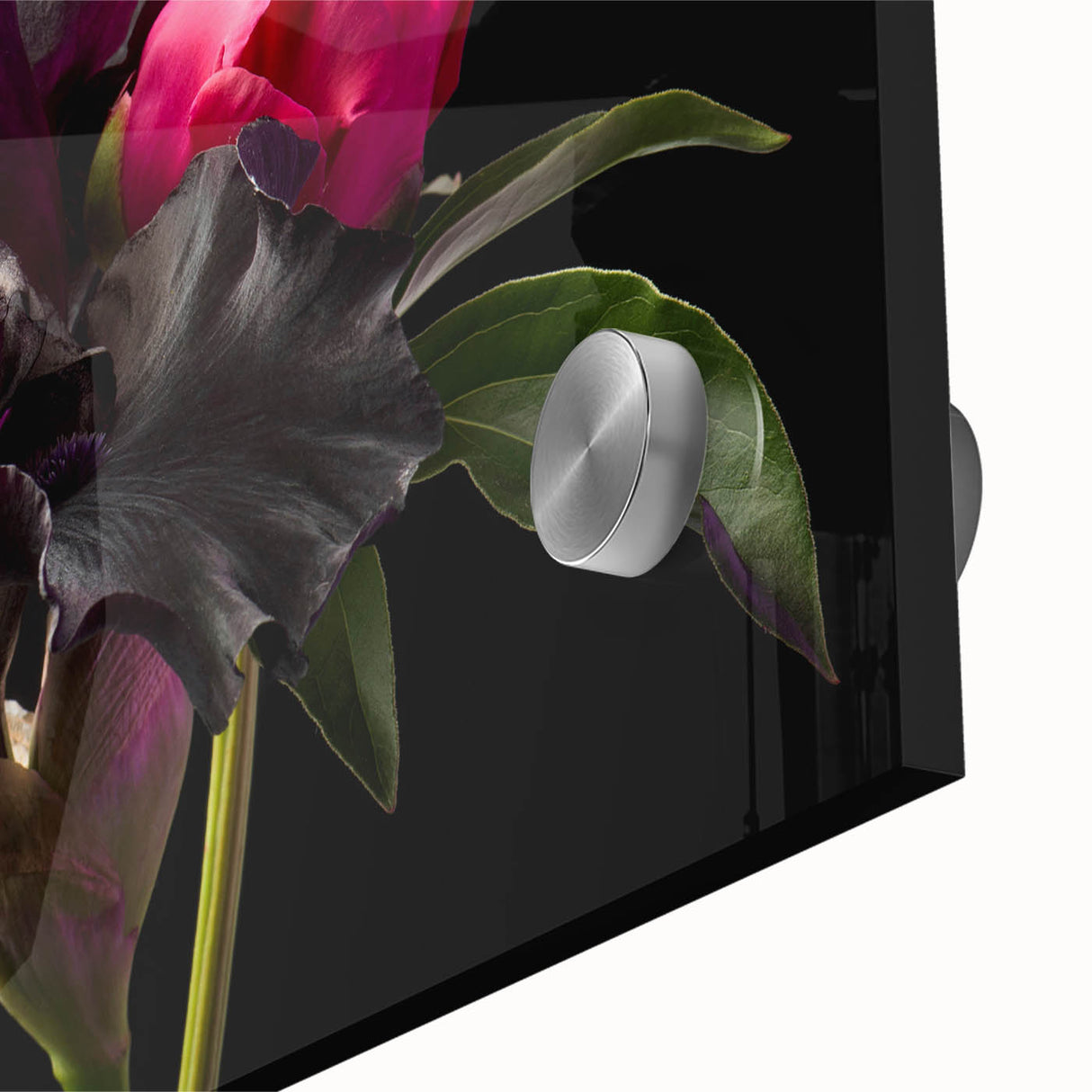 Close-up of a vibrant botanical wall art piece showcasing a peony design, printed on acrylic glass, featuring rich colors and intricate floral details, ideal for home decor.