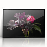 Framed black wall art showcasing a botanical peony design with vibrant colors and intricate details, ideal for modern home decor or floral-themed interiors.