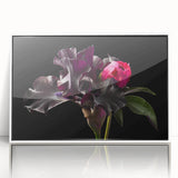 Framed botanical wall art featuring a delicate peony design in shades of pink and green, elegantly displayed with a white frame, perfect for home decor.