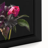 Close-up of a beautifully framed botanical peony wall art print, showcasing vibrant pink and white flower details against a soft background, perfect for home decor.