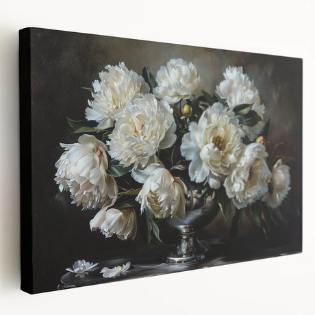 Stretched canvas wall art featuring a botanical peony design, showcasing vibrant pink and white flowers with lush green leaves, perfect for home decor.