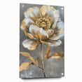 Acrylic wall art featuring a botanical peony design, elegantly displayed from the side with decorative pins, showcasing vibrant colors and intricate details. Perfect for home decor enthusiasts seeking floral themes.