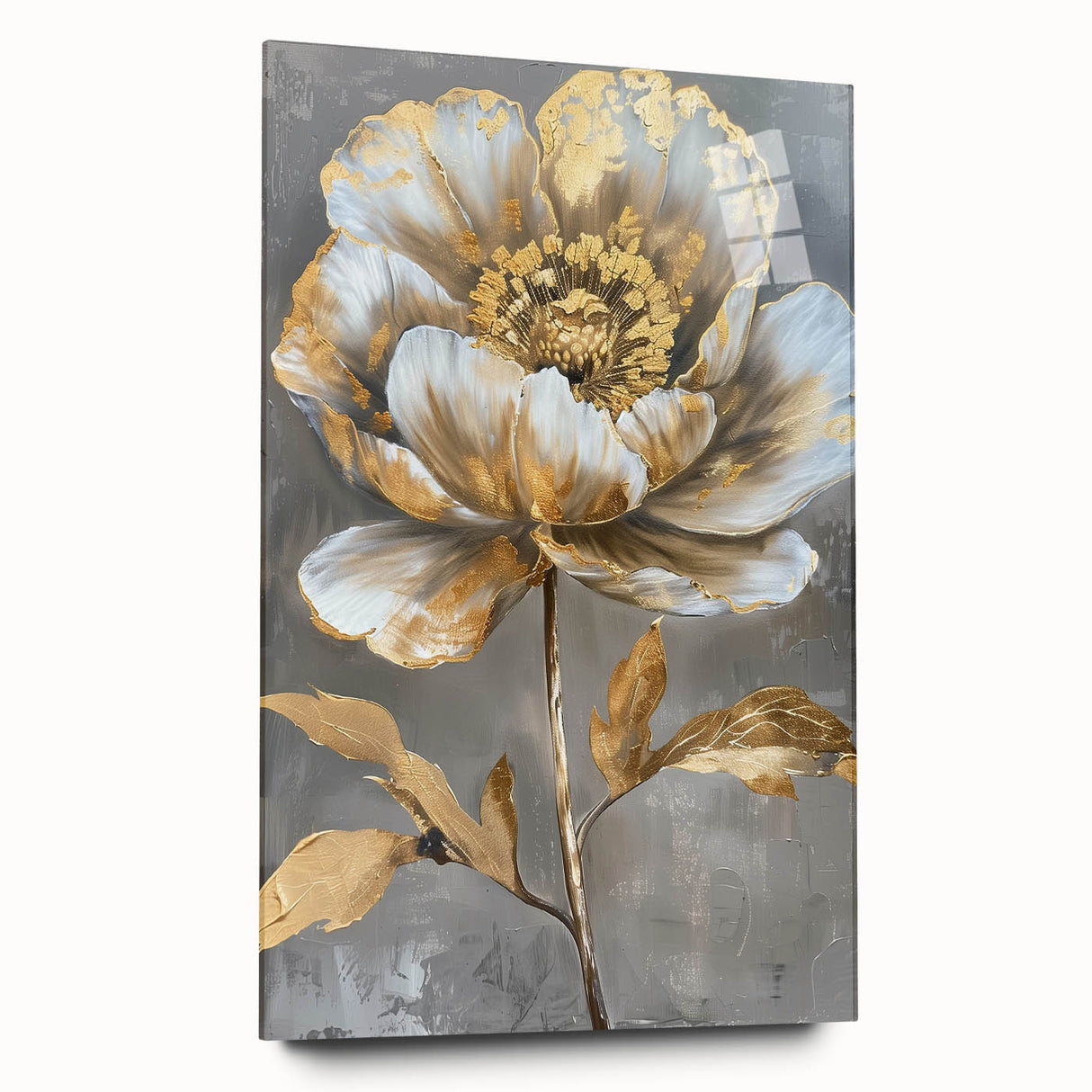 Peony wall art design printed on acrylic glass, showcasing vibrant floral details and elegant colors, displayed in a side view without pins, ideal for home decor.