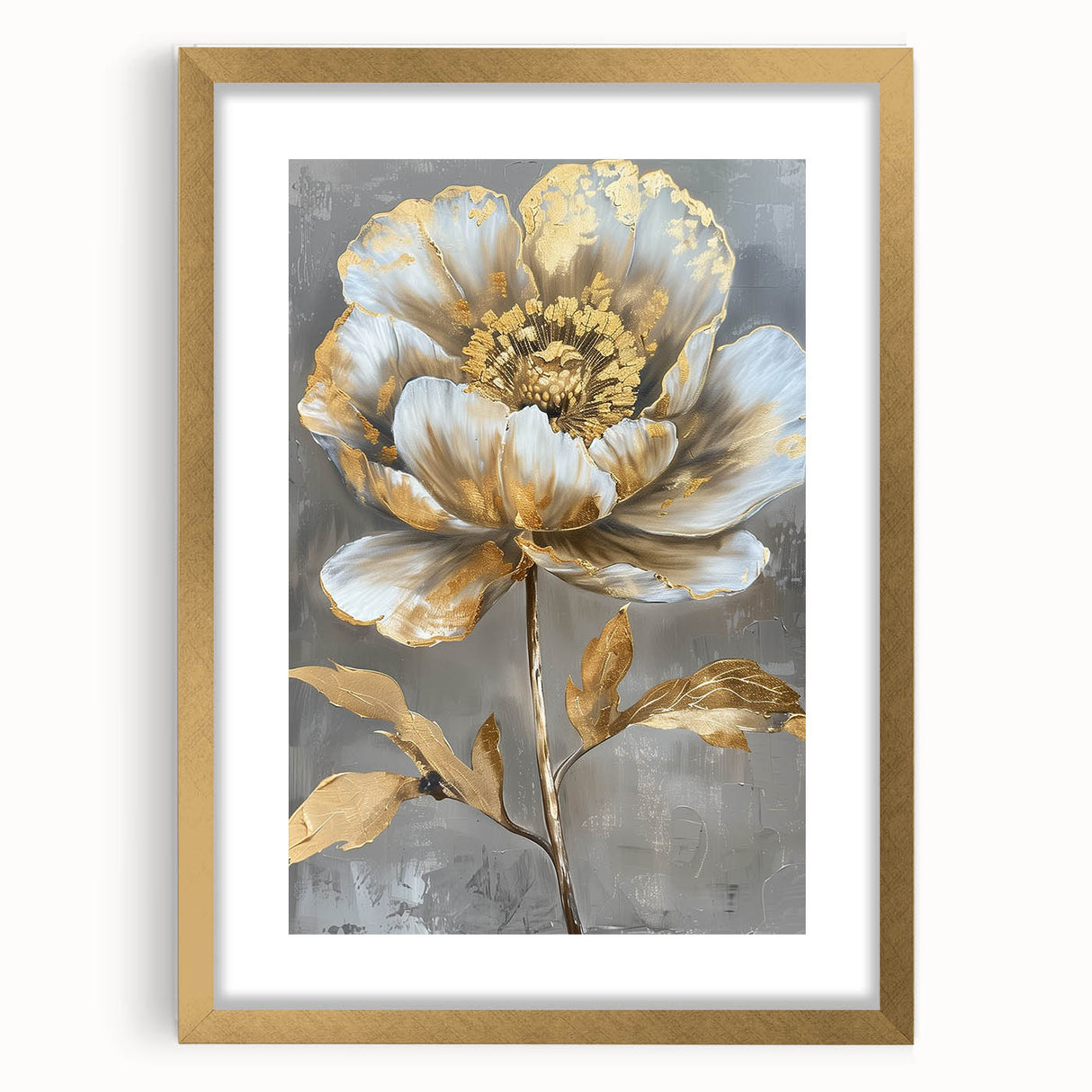 Gold-framed botanical wall art featuring a detailed peony design, elegantly matted, perfect for enhancing home decor with a touch of floral elegance.