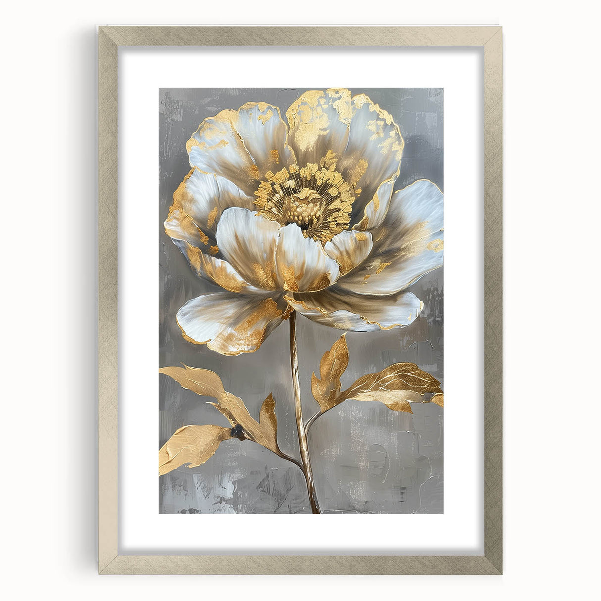 Elegant framed botanical wall art featuring a peony design in soft pinks and greens, accented with a silver frame and mat, perfect for home decor.