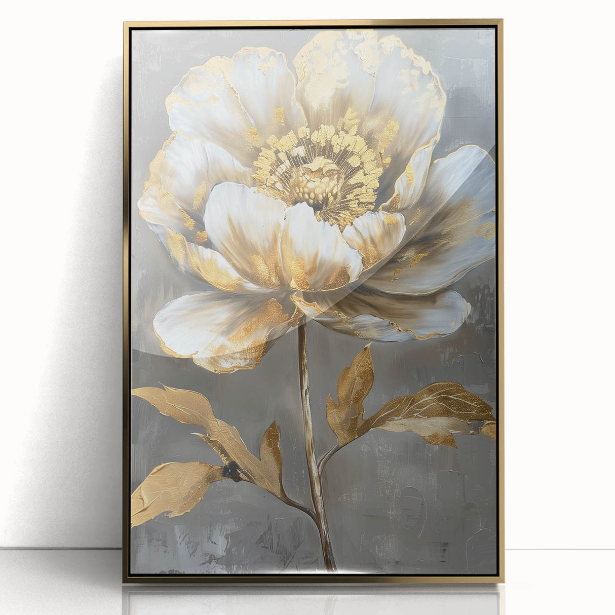 Framed wall art featuring a botanical peony design in soft pink and green hues, set in an elegant gold frame, perfect for enhancing home decor.