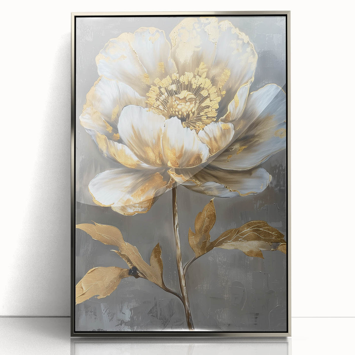 Framed botanical wall art featuring a delicate peony design in soft pastel colors, set in a sleek silver frame, perfect for home decor or office spaces.