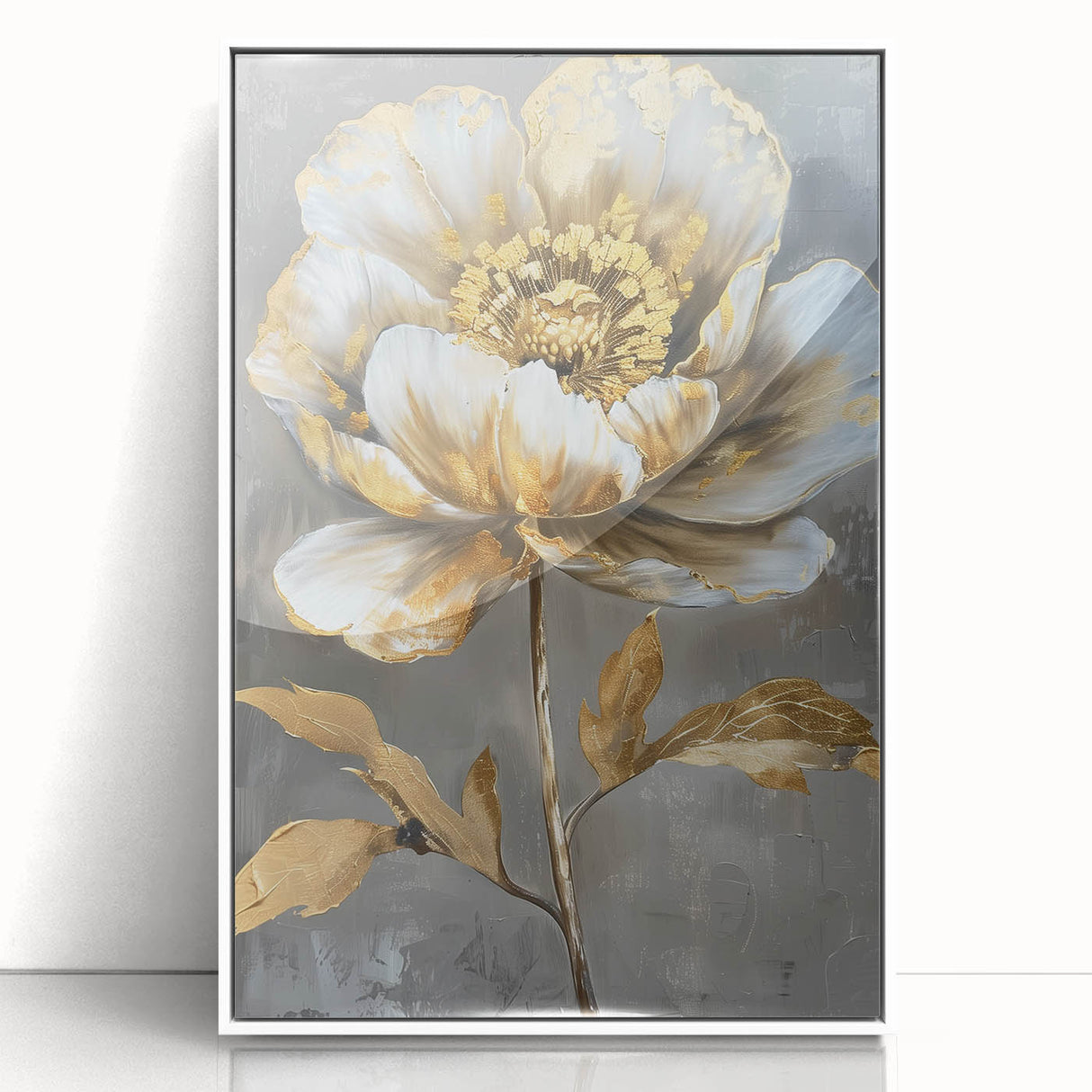 Framed wall art featuring a botanical peony design in soft pink and white hues, elegantly displayed in an acrylic frame, perfect for home decor aesthetics.