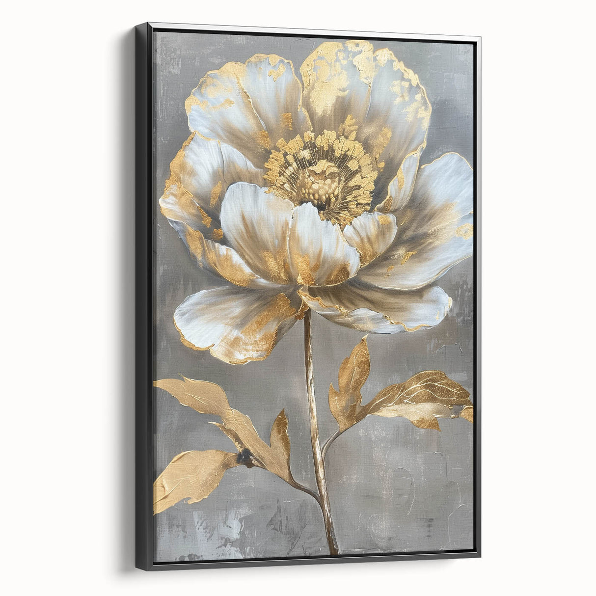 Framed canvas wall art showcasing a botanical peony design, featuring vibrant pink and green hues, displayed in a sleek black frame for modern decor.
