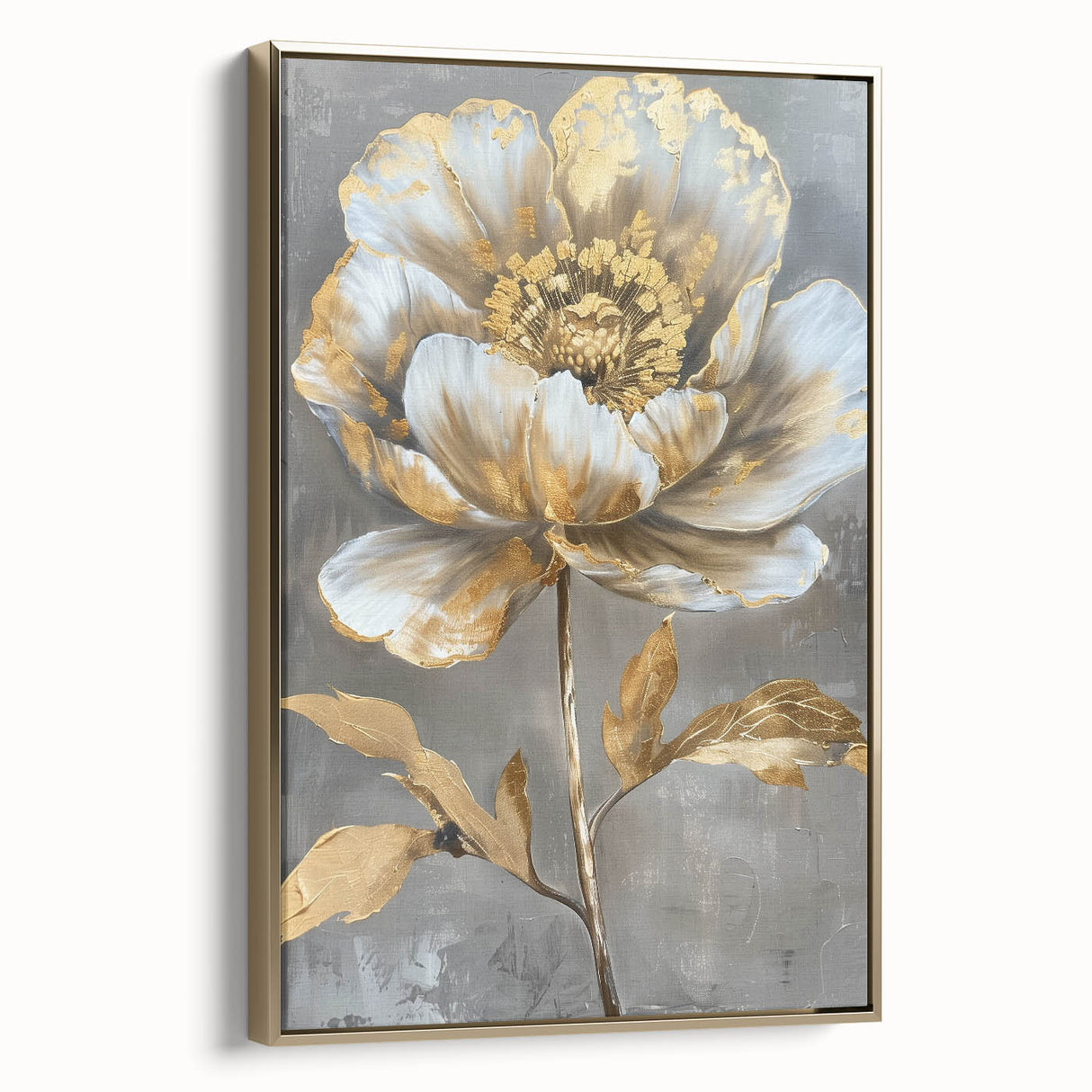 Framed canvas artwork showcasing a botanical peony design in soft pink hues, accented with gold framing, ideal for enhancing home decor and wall aesthetics.