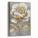 Framed canvas artwork showcasing a botanical peony design in soft pink hues, accented with gold framing, ideal for enhancing home decor and wall aesthetics.