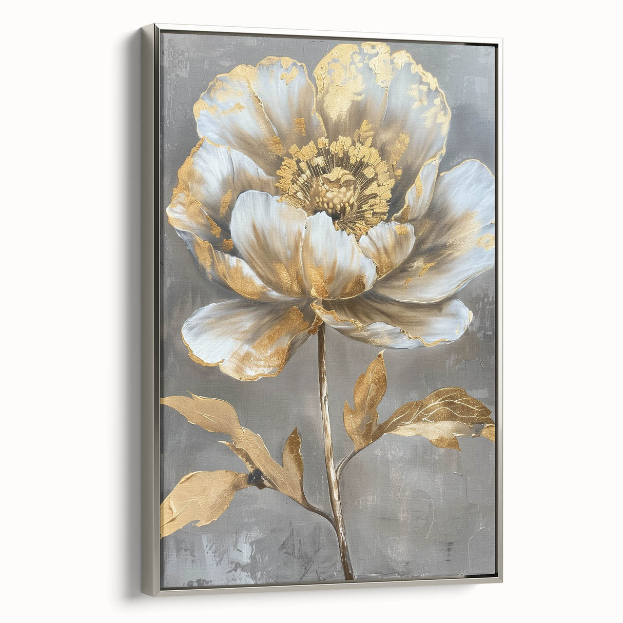 Framed canvas wall art featuring a botanical peony design in soft pink and green hues, elegantly displayed with a silver frame, perfect for home decor.