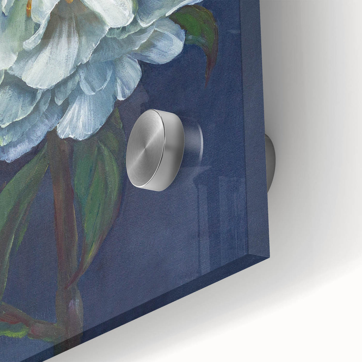 Close-up of a vibrant botanical peony wall art piece, showcasing intricate pink and white flower details on acrylic glass, perfect for modern home decor.