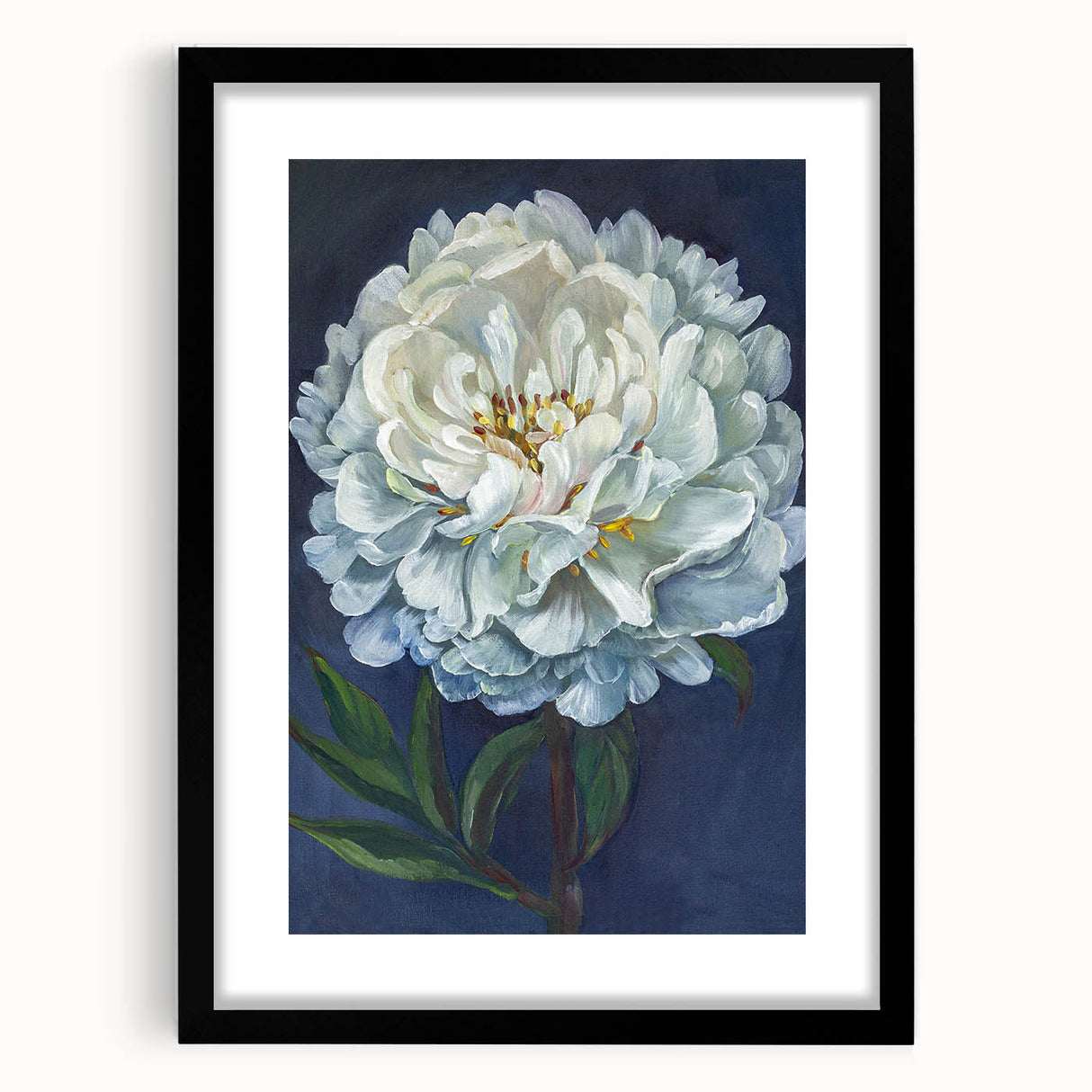 Black-framed wall art featuring a botanical peony design with intricate details and a matte finish, ideal for stylish home decor or floral-themed interiors.