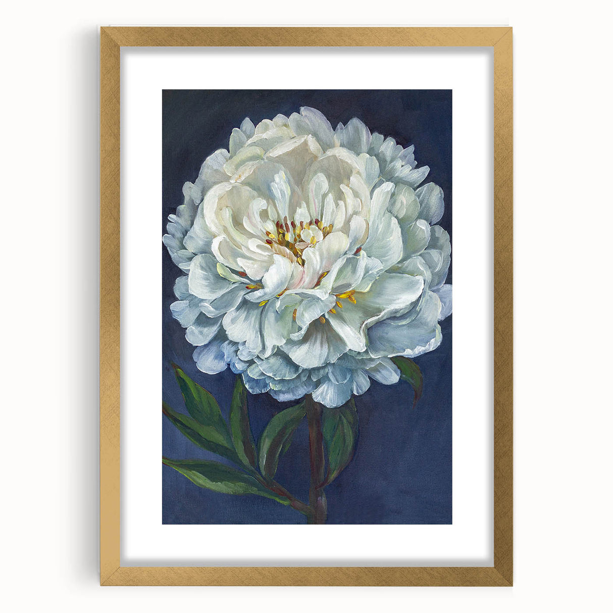 Elegant wall art featuring a botanical peony design in a gold frame with a mat, showcasing soft pink and white flowers against a neutral background, perfect for home decor.