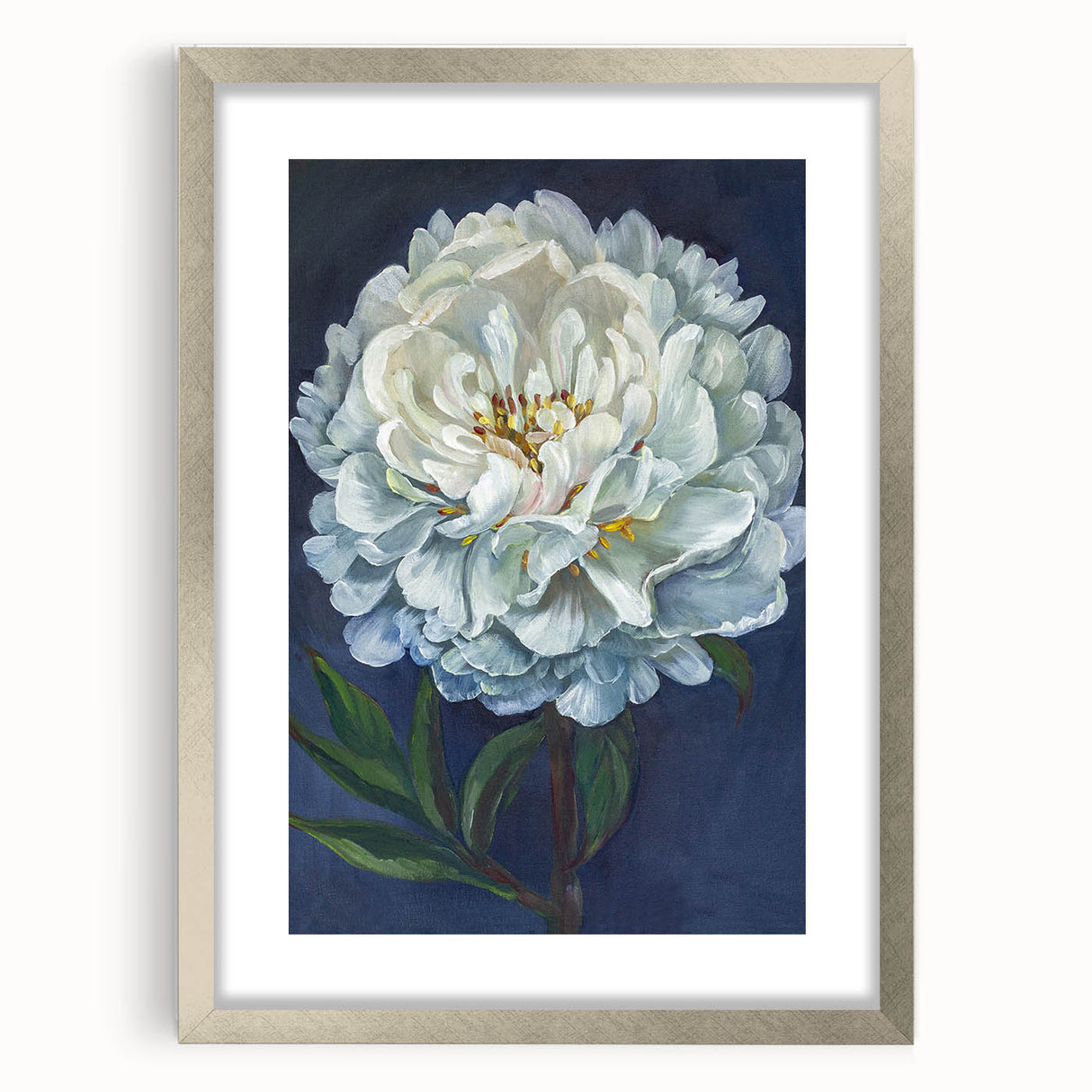 Elegant botanical peony wall art print in a silver frame with a mat, showcasing delicate floral details and soft colors, perfect for home decor.