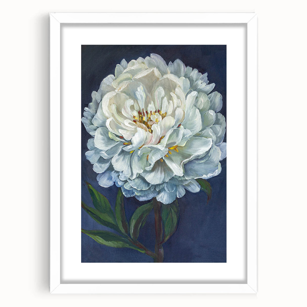 Framed botanical wall art featuring a beautiful peony design with a white mat, elegantly displayed in a modern frame, perfect for home decor enhancement.
