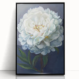 Framed wall art featuring a botanical peony design in vibrant colors, set in a sleek black frame, perfect for home decor and floral enthusiasts.