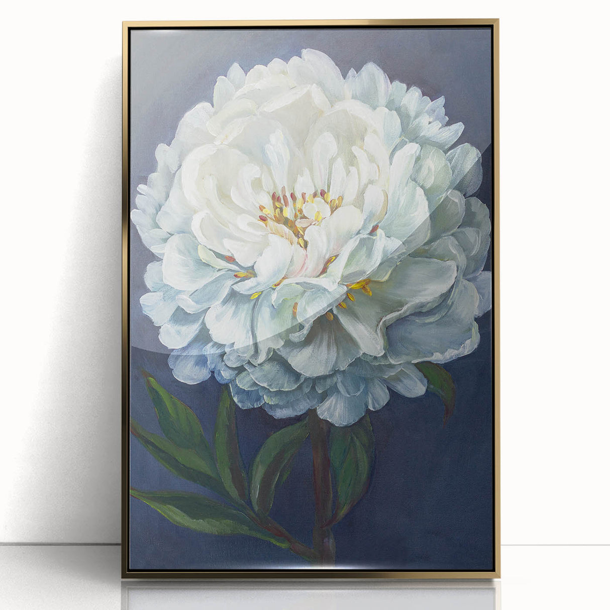 Framed wall art featuring a botanical peony design in vibrant pink and green colors, set in an elegant gold frame, perfect for home decor.