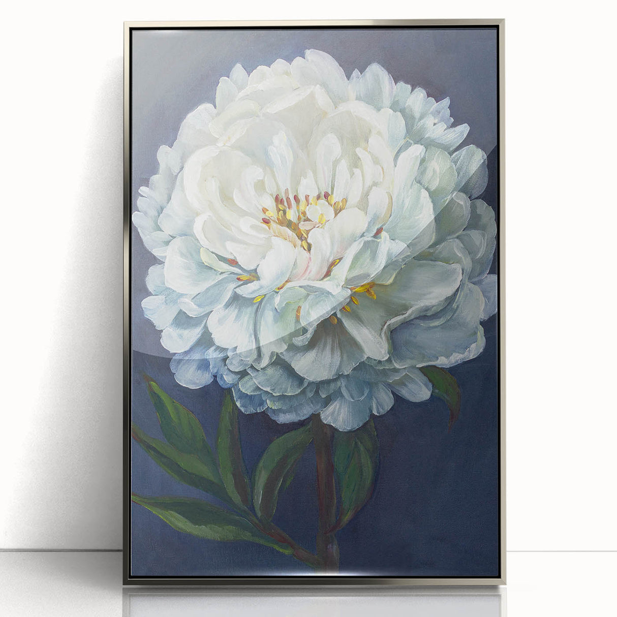 Framed acrylic wall art showcasing a botanical peony design with silver accents, perfect for modern home decor. Ideal for adding elegance to any room.
