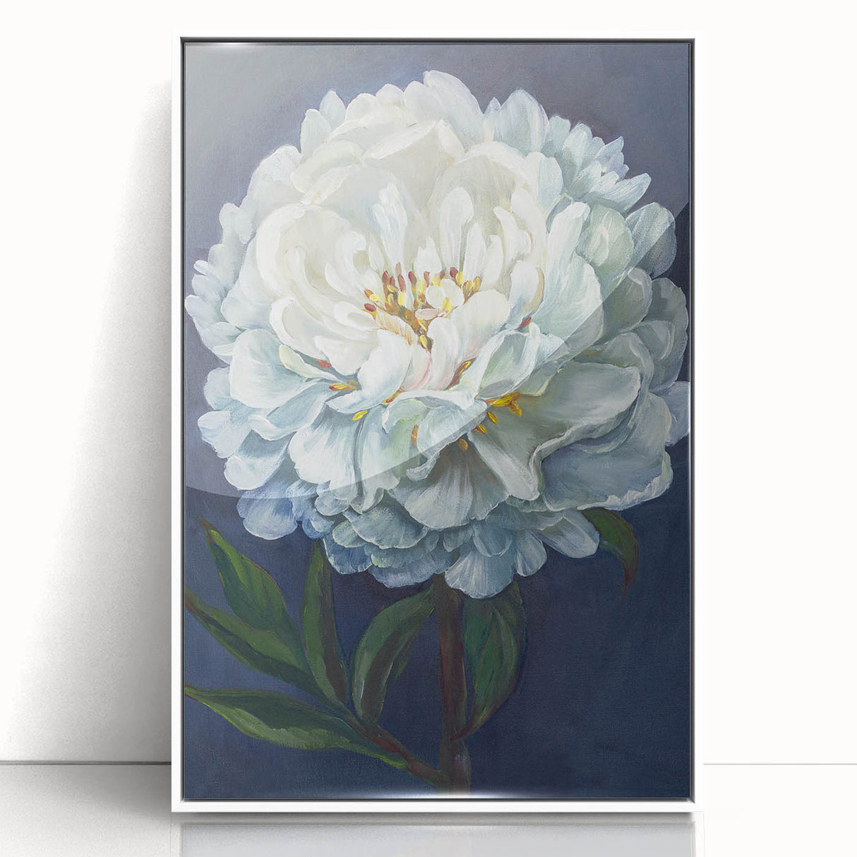 Framed botanical wall art featuring a vibrant peony design in a white frame, showcasing intricate floral details and a modern aesthetic, perfect for home decor.