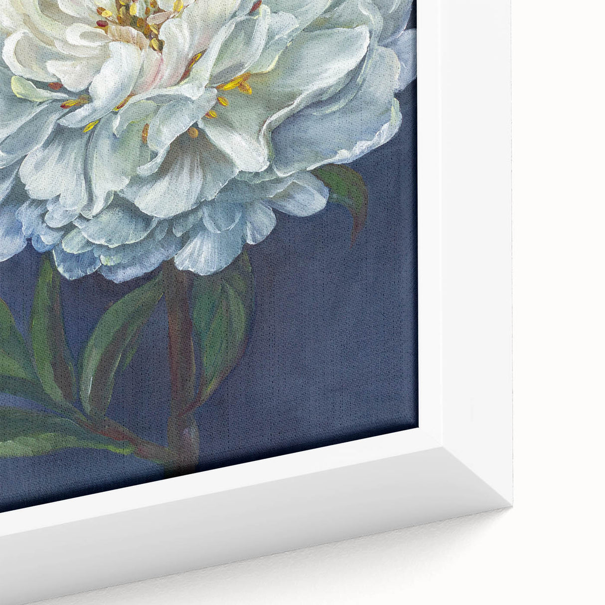Close-up of a framed botanical wall art piece showcasing vibrant pink peonies on a textured canvas, perfect for home decor or floral enthusiasts.