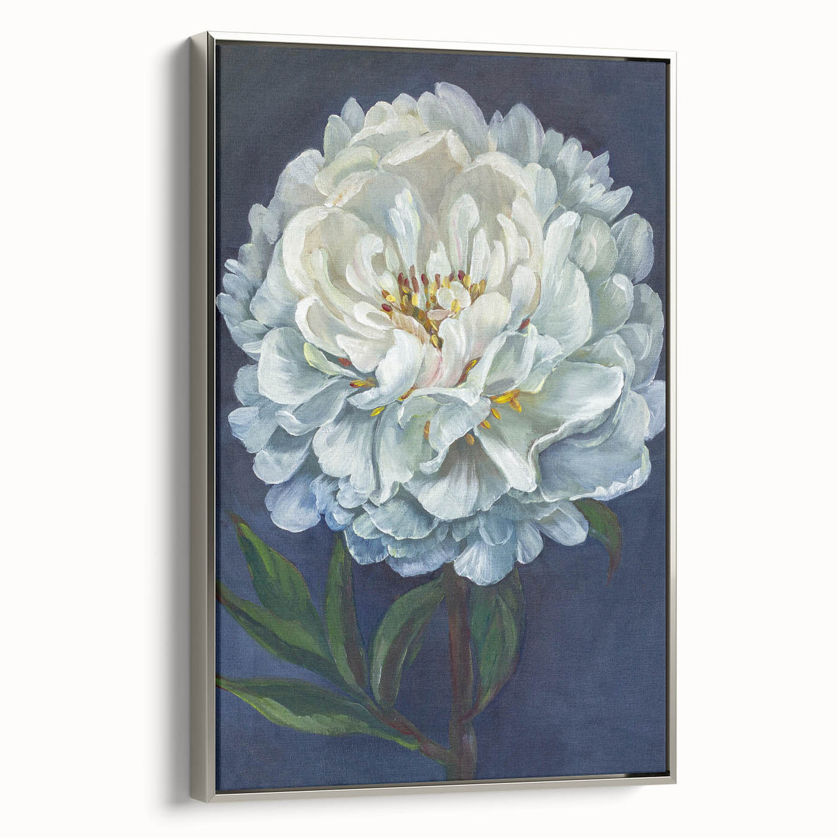 Framed botanical wall art featuring a peony design on canvas, showcased in a silver frame, highlighting intricate floral details and elegant aesthetics.