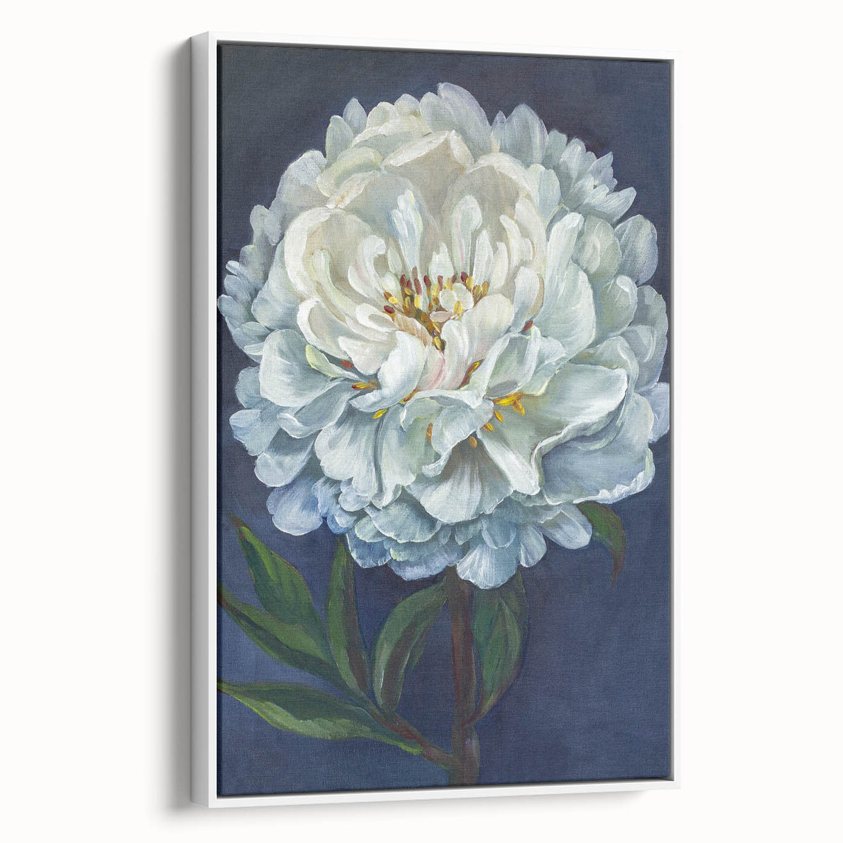 Framed canvas wall art featuring a botanical peony design in soft pink and white tones, displayed in a modern setting with a side view showcasing its elegant frame.