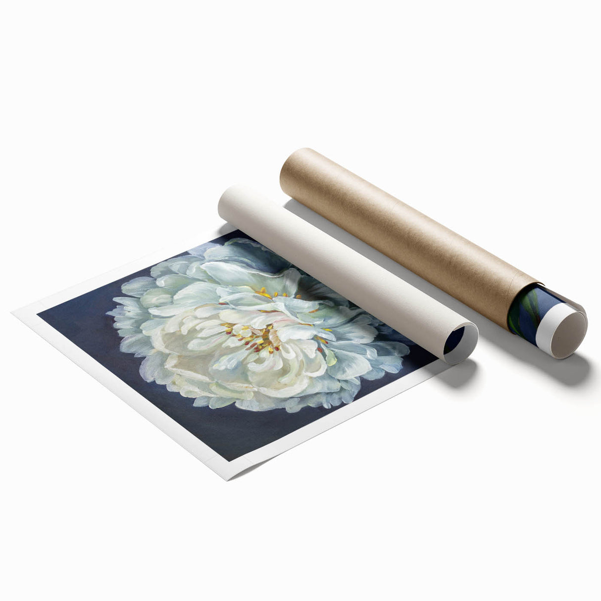 Botanical wall art print showcasing a vibrant peony design in rich pink and green hues, rolled and ready for framing, perfect for home decoration.