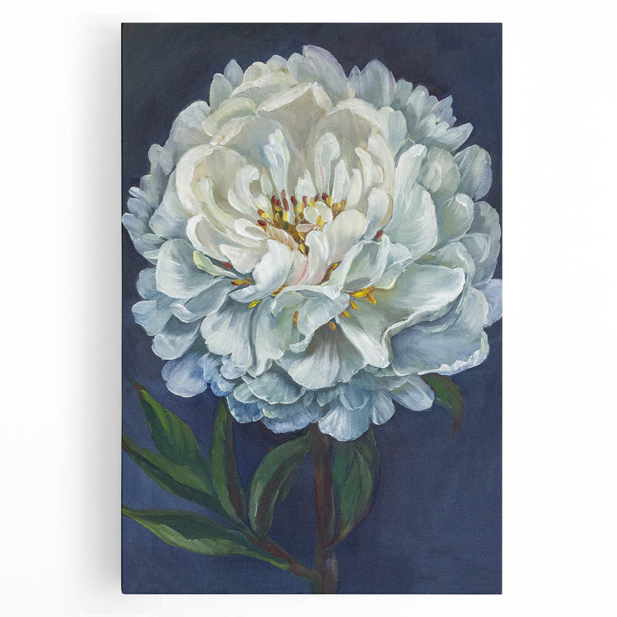 Stretched canvas wall art showcasing a vibrant peony floral design with soft pink and white hues, perfect for enhancing home decor and creating a serene atmosphere.