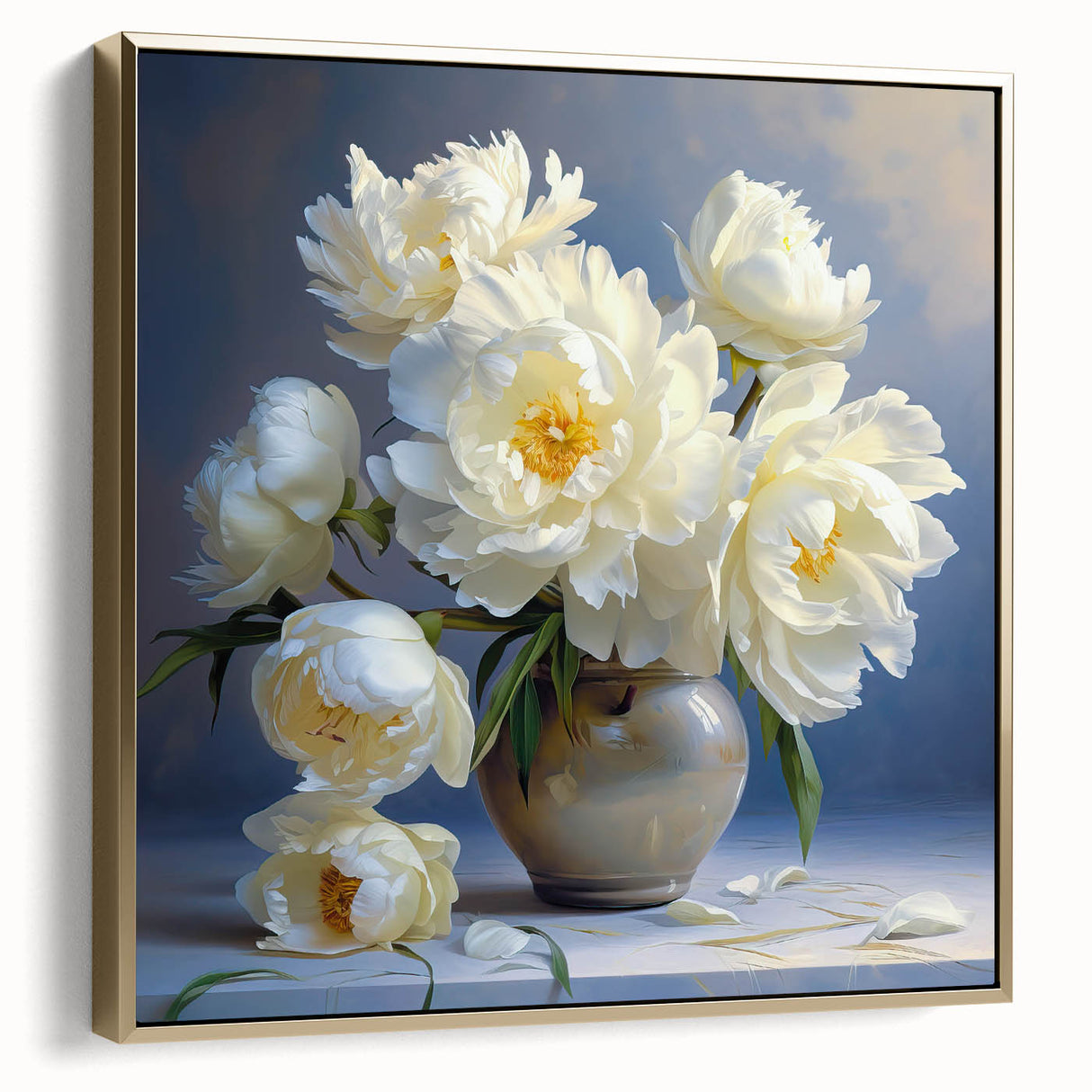 Framed botanical wall art featuring a stunning peony design in soft pink and green tones, accented with silver and gold, ideal for elegant home decor.