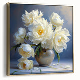 Framed botanical wall art featuring a stunning peony design in soft pink and green tones, accented with silver and gold, ideal for elegant home decor.