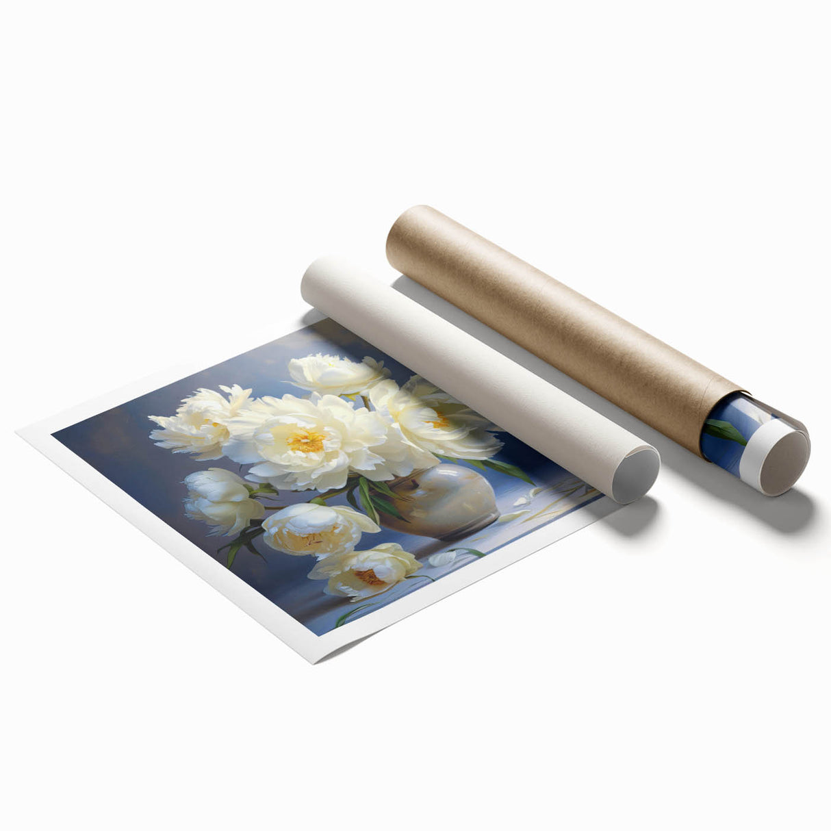 Peony botanical wall art print showcasing delicate pastel pink and white flowers against a soft green background, rolled for easy framing and display.