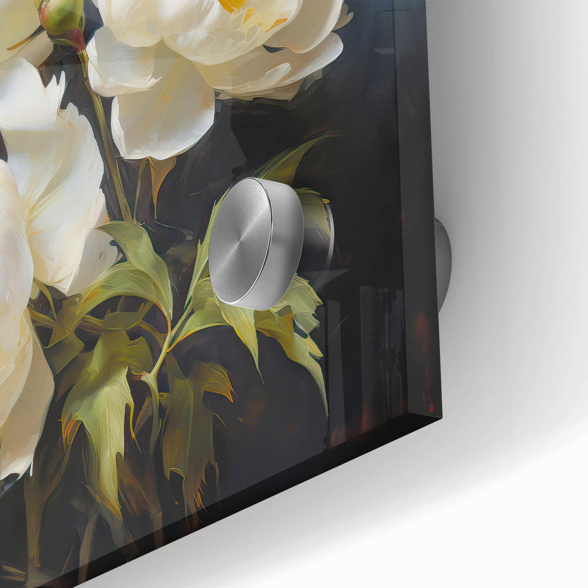 Close-up of a vibrant botanical peony wall art design, showcasing rich pink and white flower details encased in sleek acrylic glass, perfect for home decor.